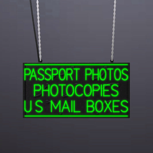 #A410 - "Passport Photos -  Photocopies - US Mail Boxes" Neon Sign